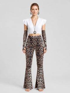 Leopard Print Set: Top, Flare-Leg Pants, and Accessories