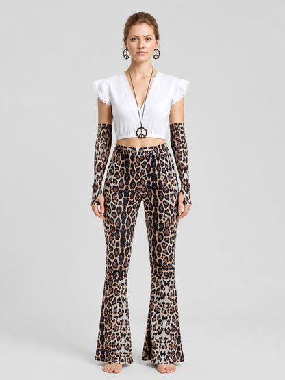 Leopard Print Set: Top, Flare-Leg Pants, and Accessories on-model view