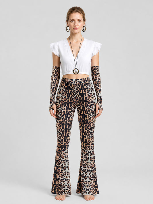 Leopard Print Set: Top, Flare-Leg Pants, and Accessories on-model view