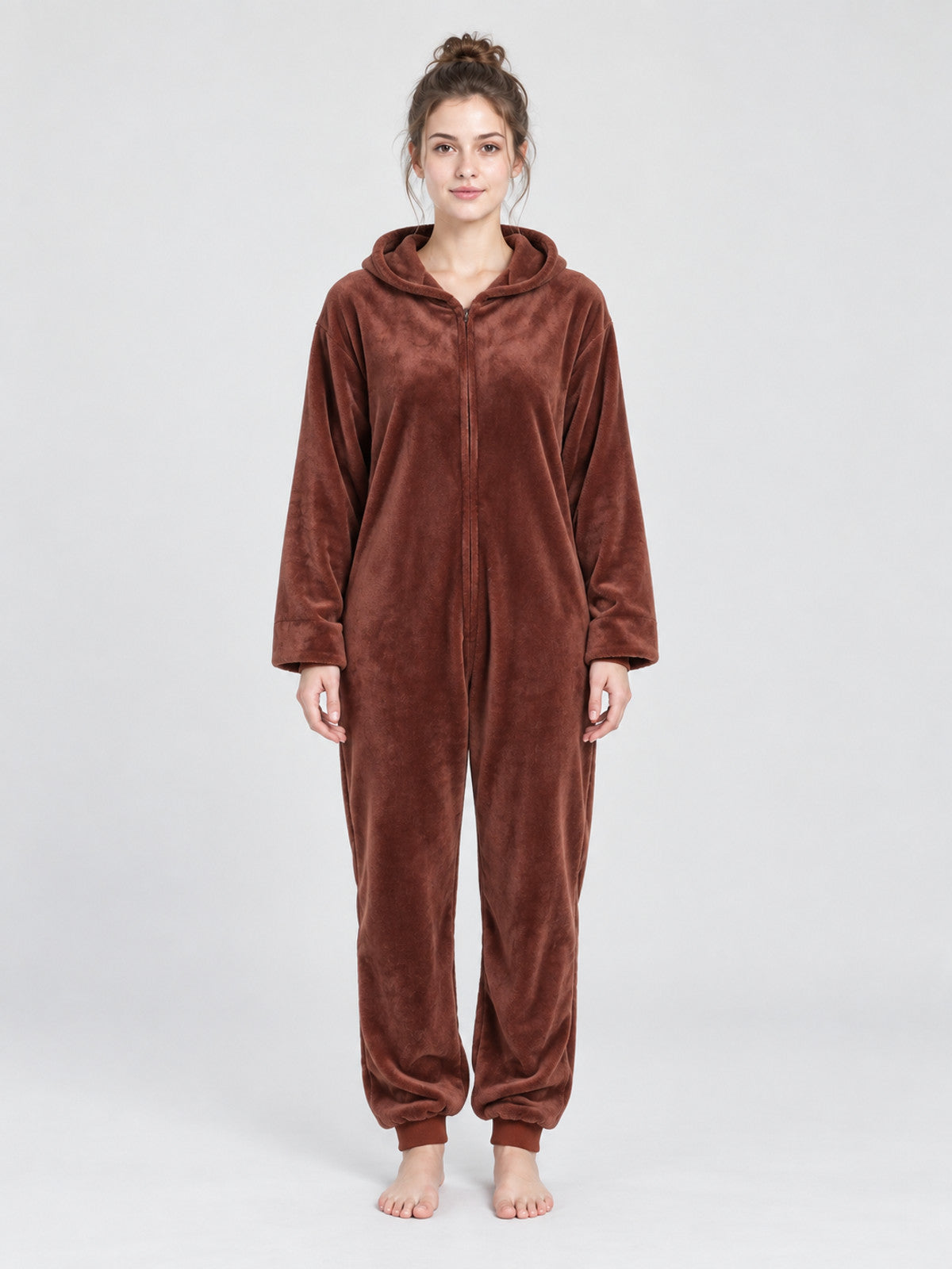 Brown Flannel Hooded Pajama Jumpsuit