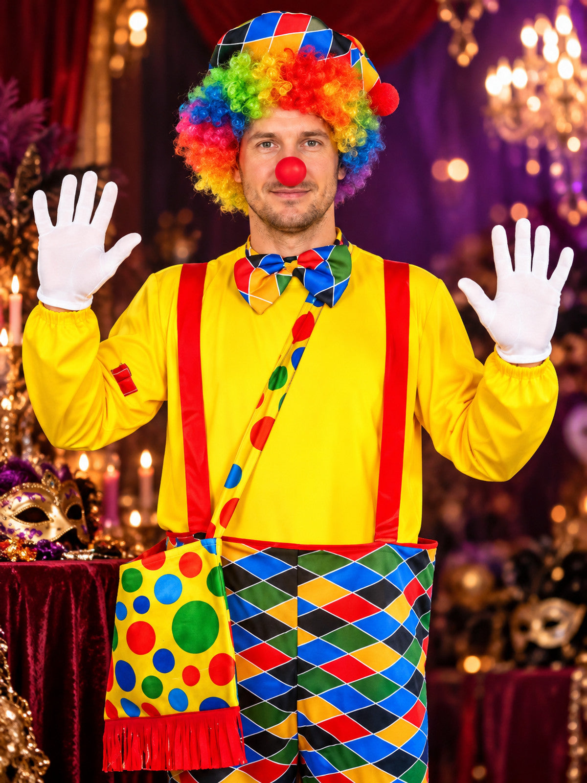 Adult Clown Costume with Wig, Hat, and Gloves