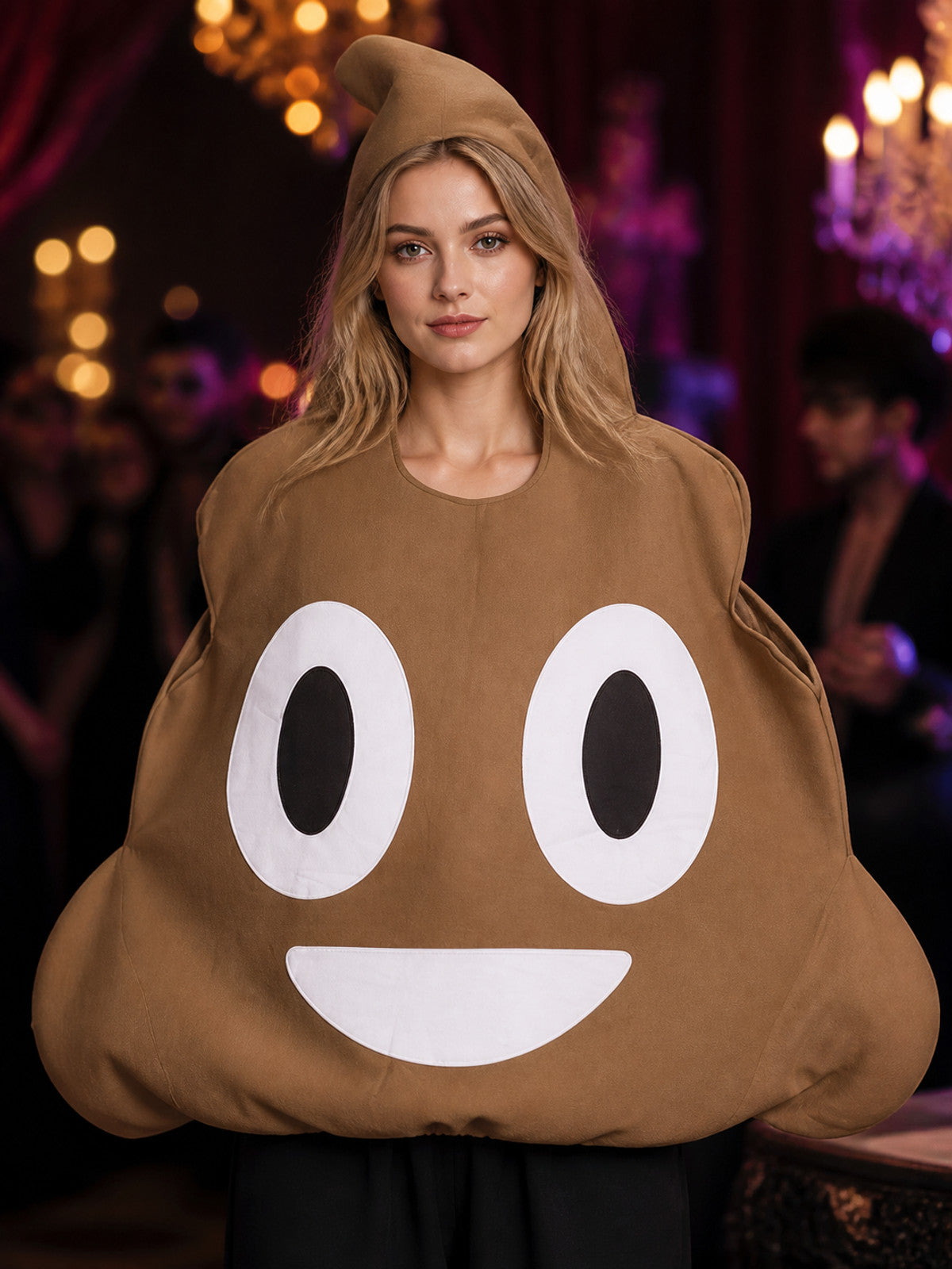 Adult Unisex Brown Cartoon Character Hooded Jumpsuit Costume, Two-Horn Design on-model view