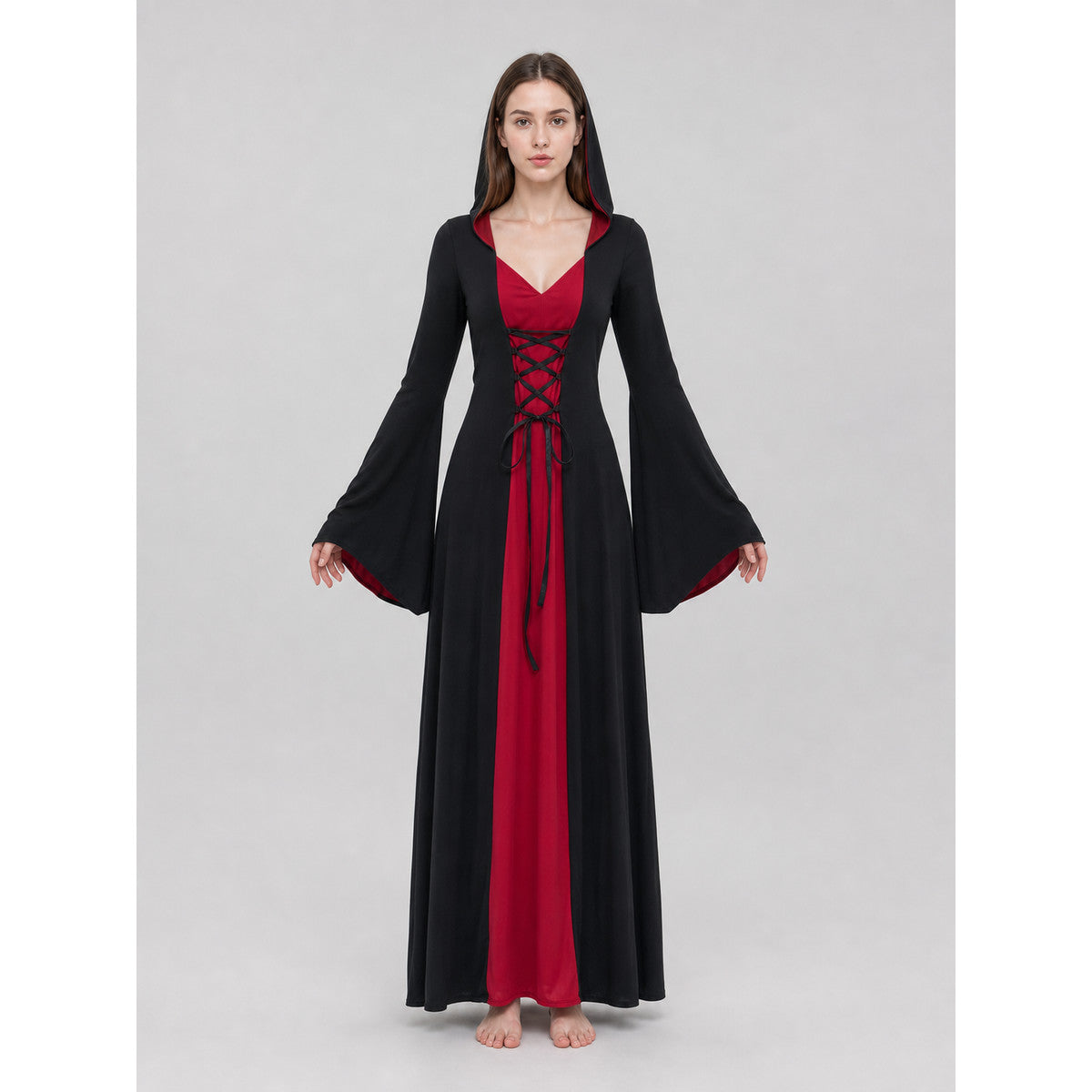Long Gothic Hooded Costume Dress front view