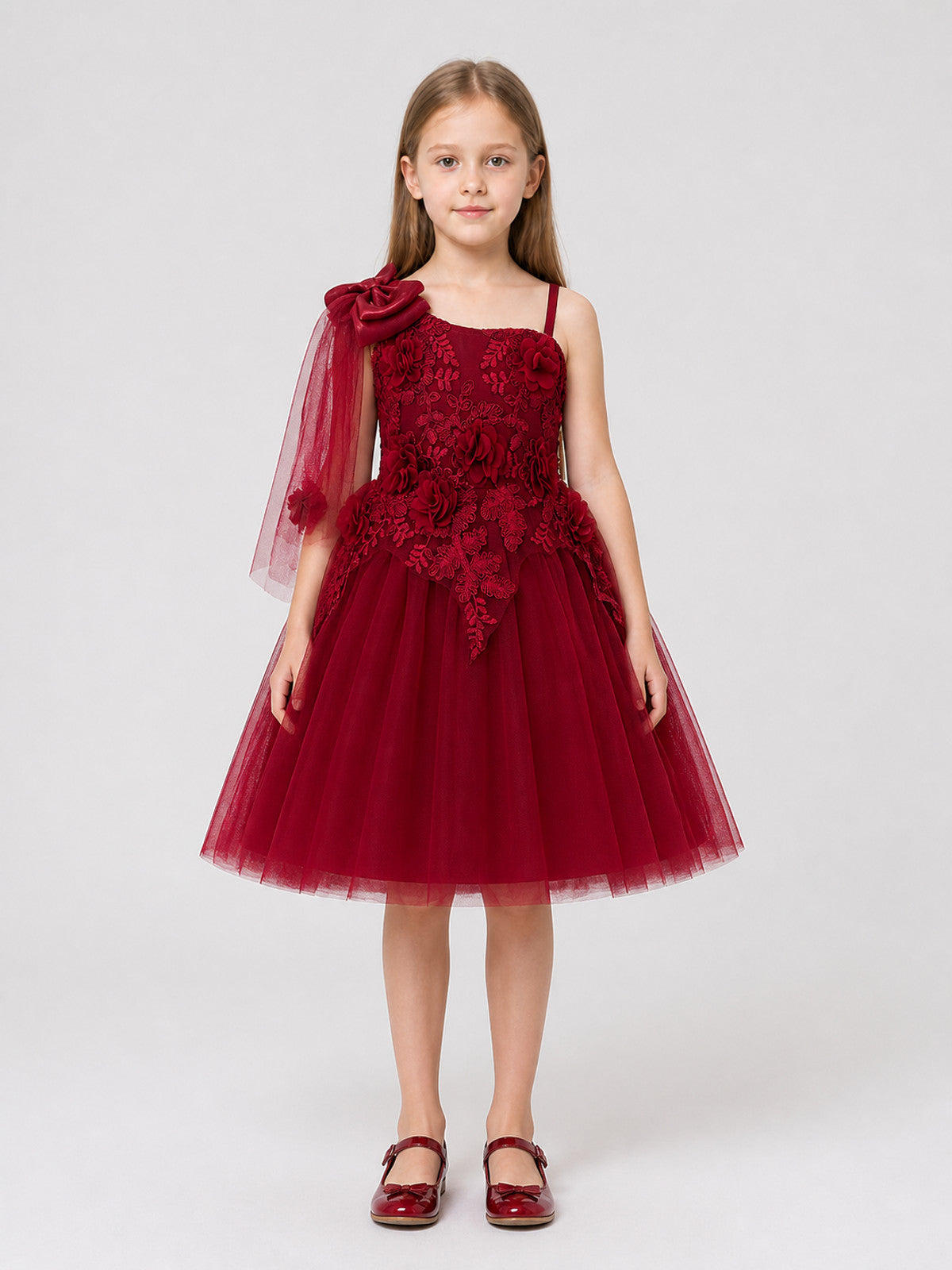Full-Skirt Dress with Lace Bodice and Roses, Burgundy on-model view