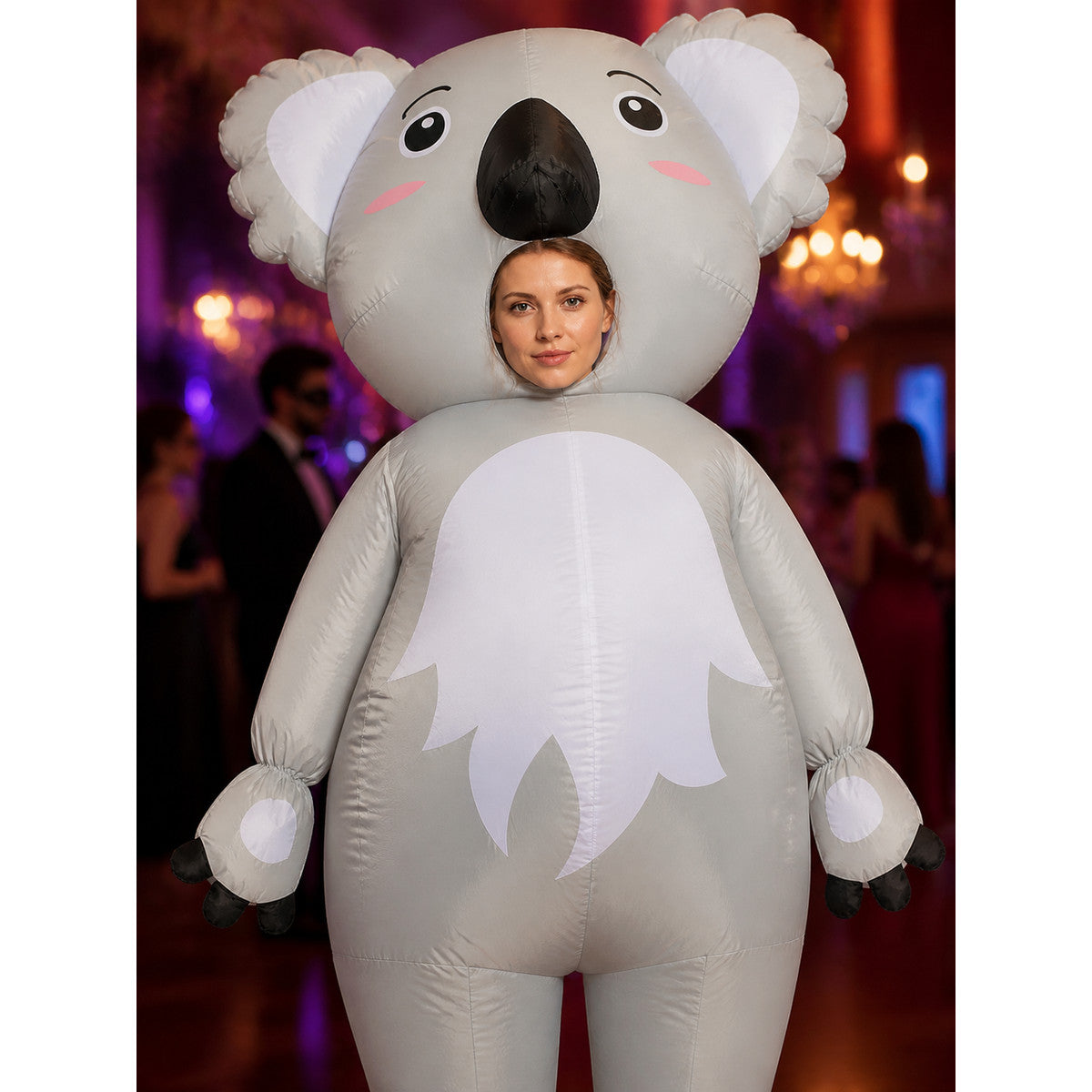 Unisex Adult Koala Animal Costume Bodysuit with Oversized Head and White Belly on-model view