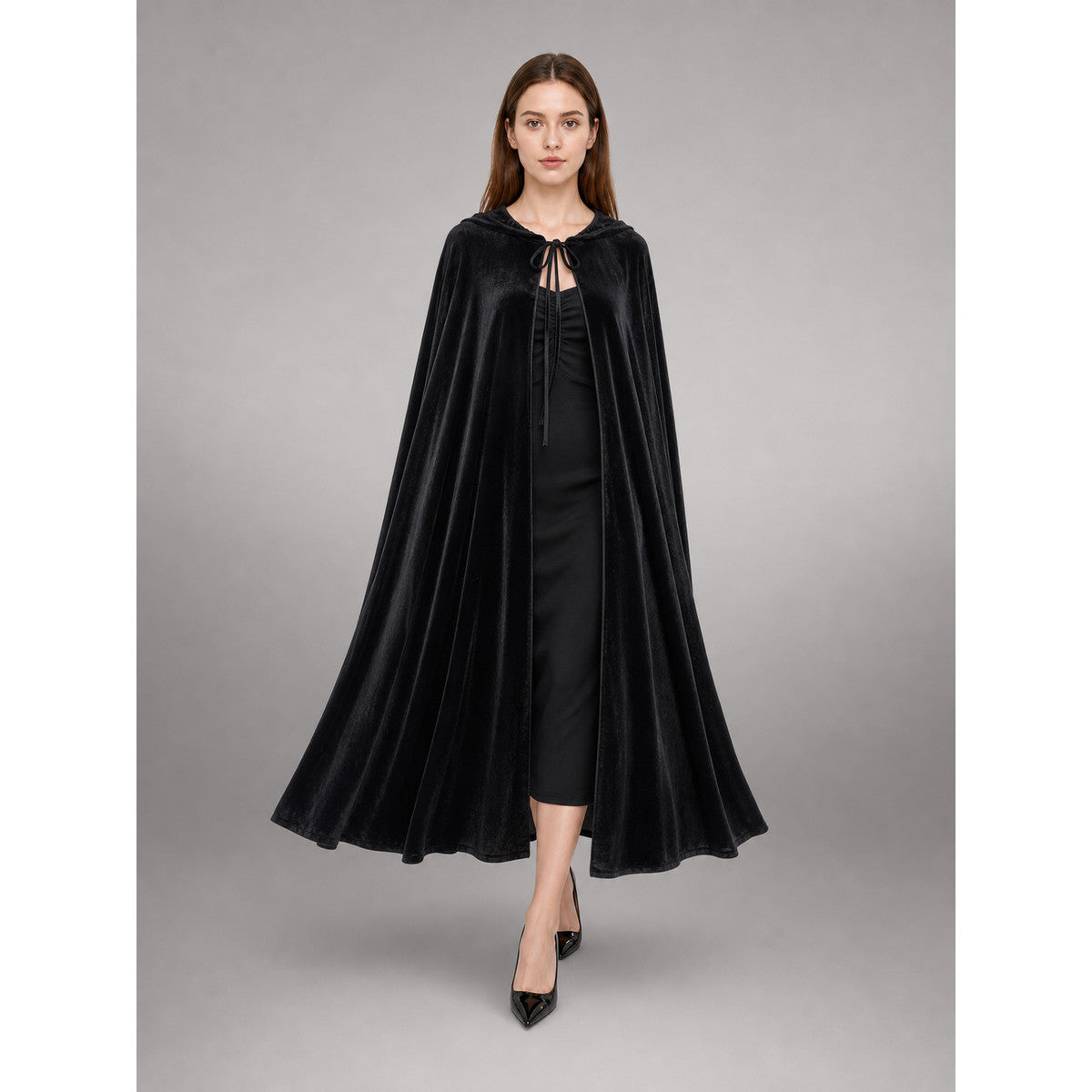 Black gothic carnival dress with sleeves front view