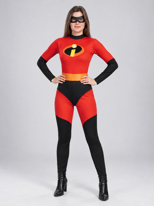 Red superhero costume with mask, emblem, and belt