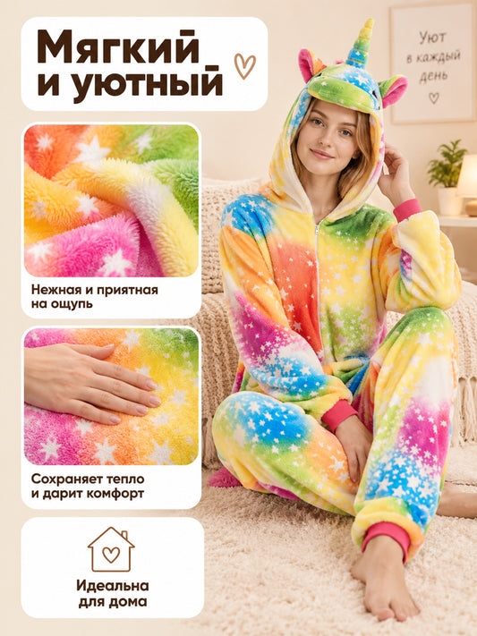 Flannel Pajama Jumpsuit with Hood and Horn, Rainbow