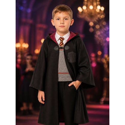 Kids Wizard Costume Set With Hooded Robe, Vest And Pants on-model view