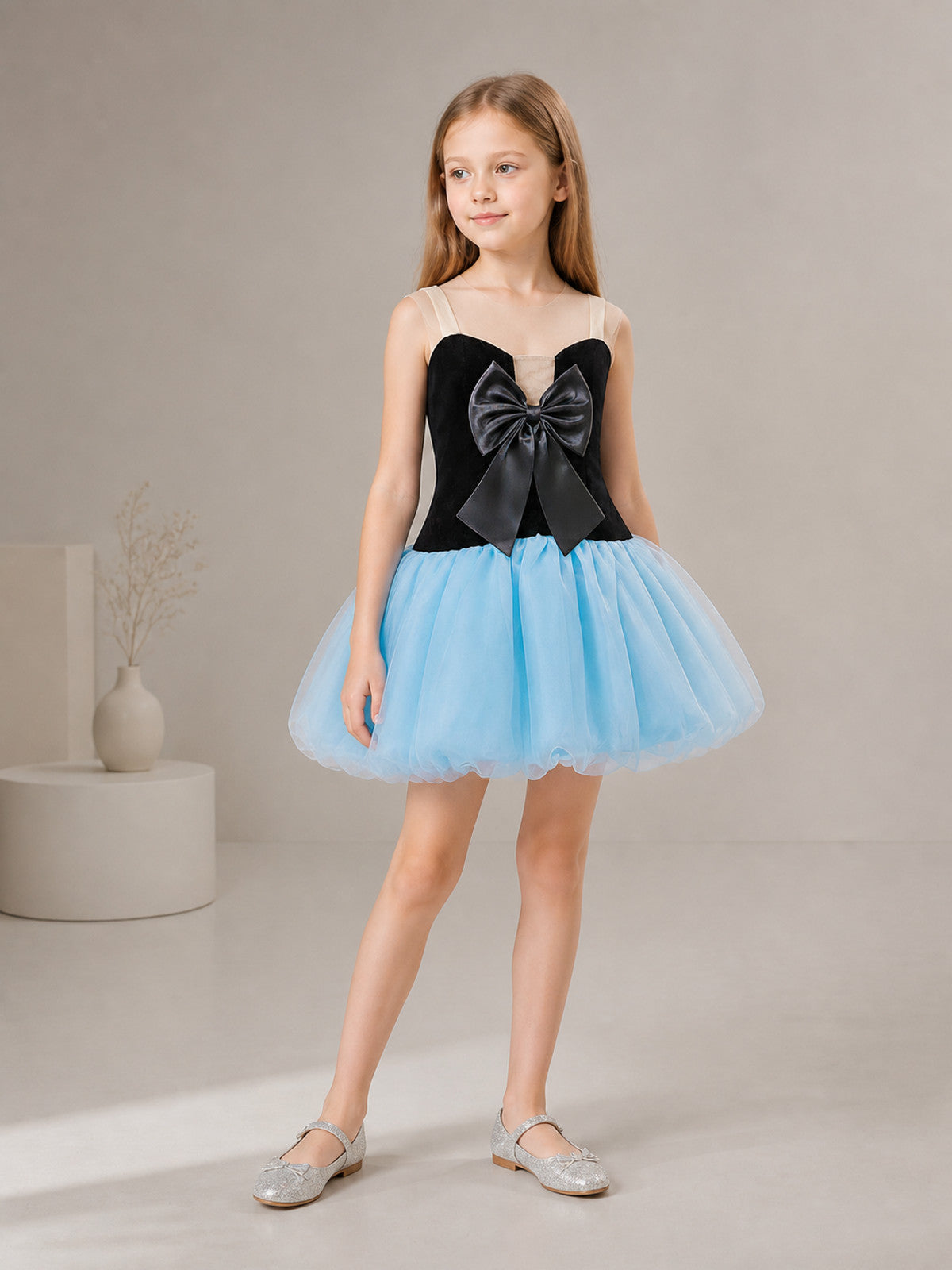 Black and Blue Dress with a Bustier Bodice and Full Skirt