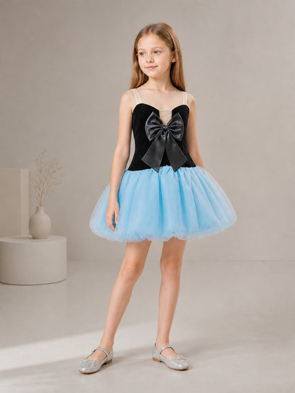 Black and Blue Dress with a Bustier Bodice and Full Skirt