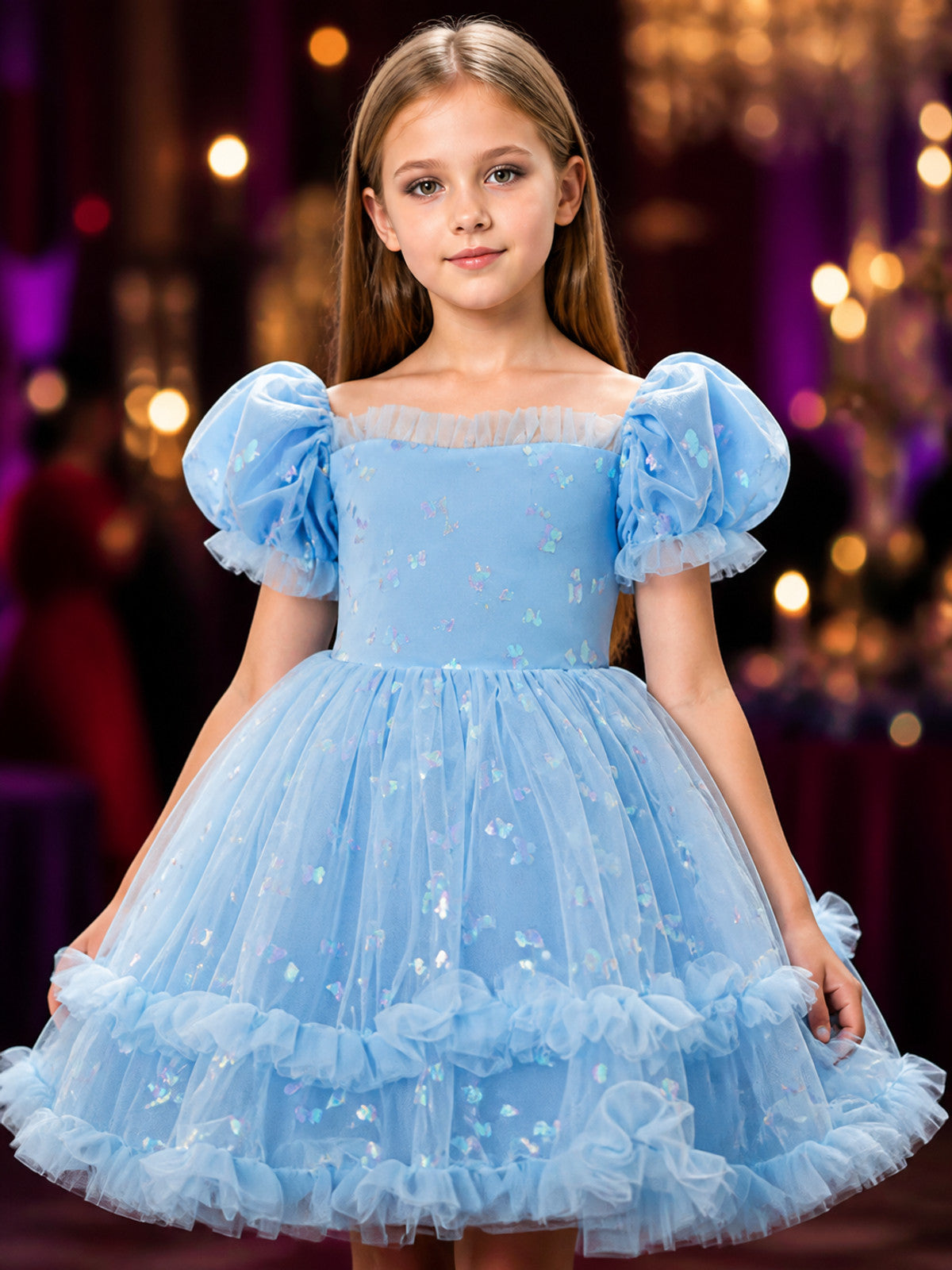 Toddler Girls' Sky Blue Princess Dress with Puff Sleeves, Layered Tulle Ruffles on-model view