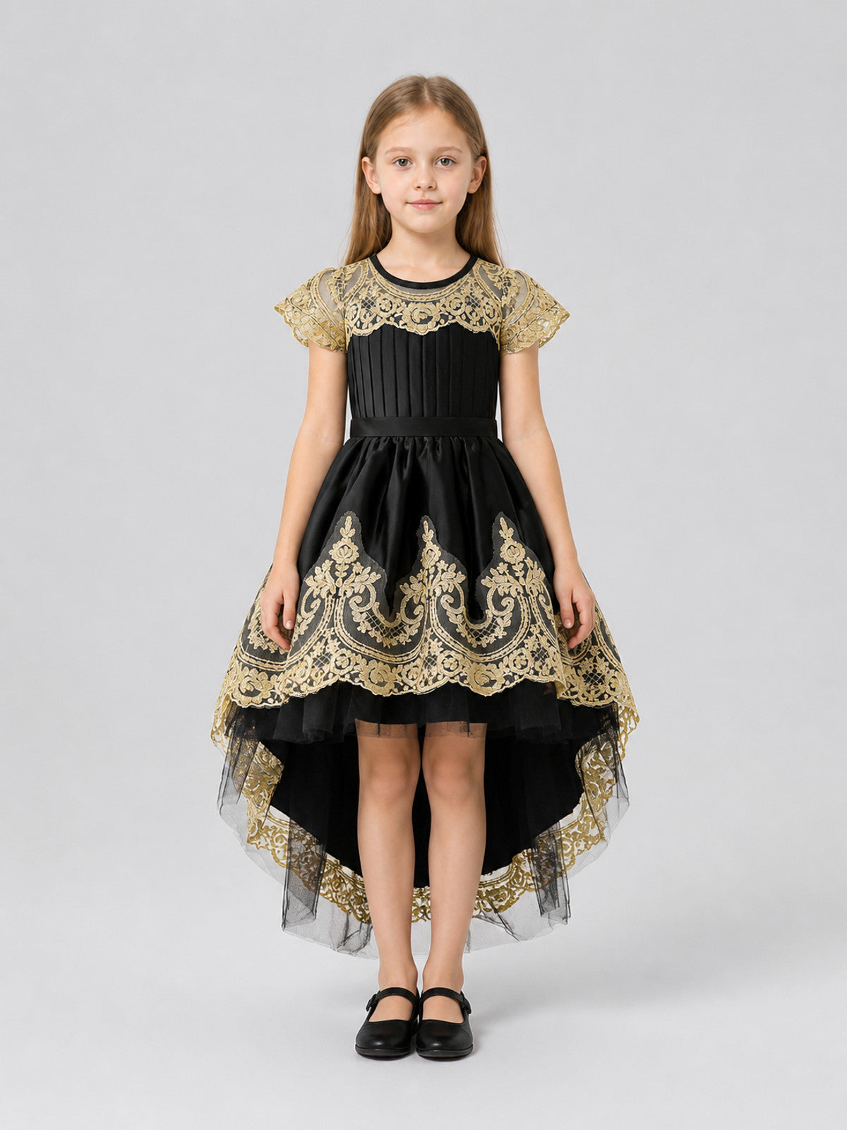 Full Princess Dress with Gold Embroidery and Train on-model view
