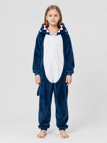 Navy Blue Fleece Pajama Jumpsuit with Shark Hood