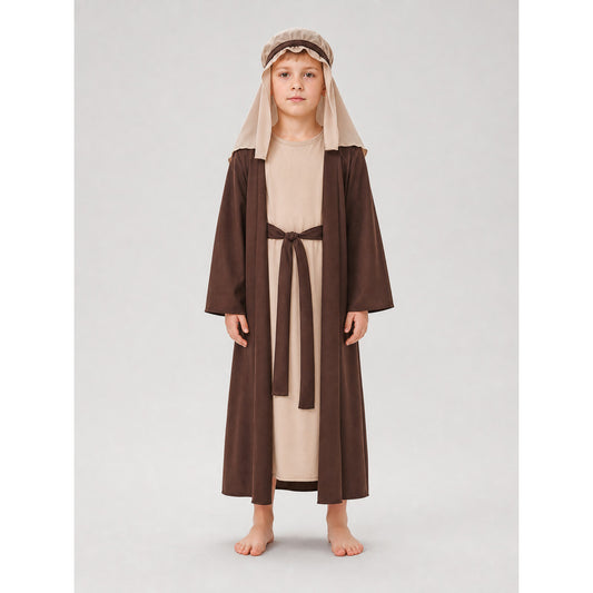 Kids' biblical elder shepherd costume front view, brown robe with beige headscarf