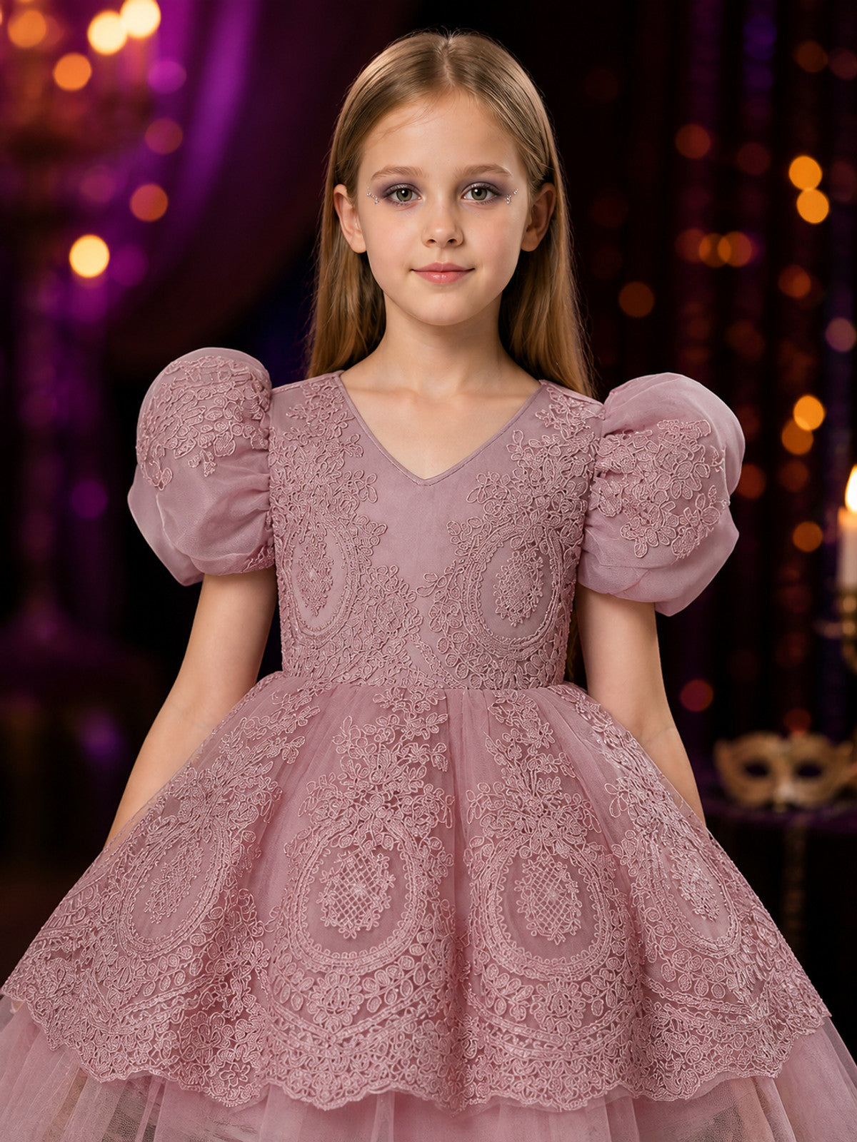 Toddler Girls' Dusty Pink Princess Dress, Embroidered Puff Sleeve Layered Tulle on-model view
