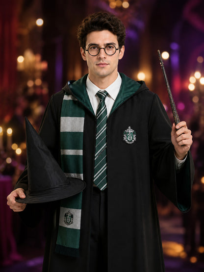 Men's Wizard Robe Costume Set, Hooded Academy Outfit With Hat, Tie, Scarf on-model view