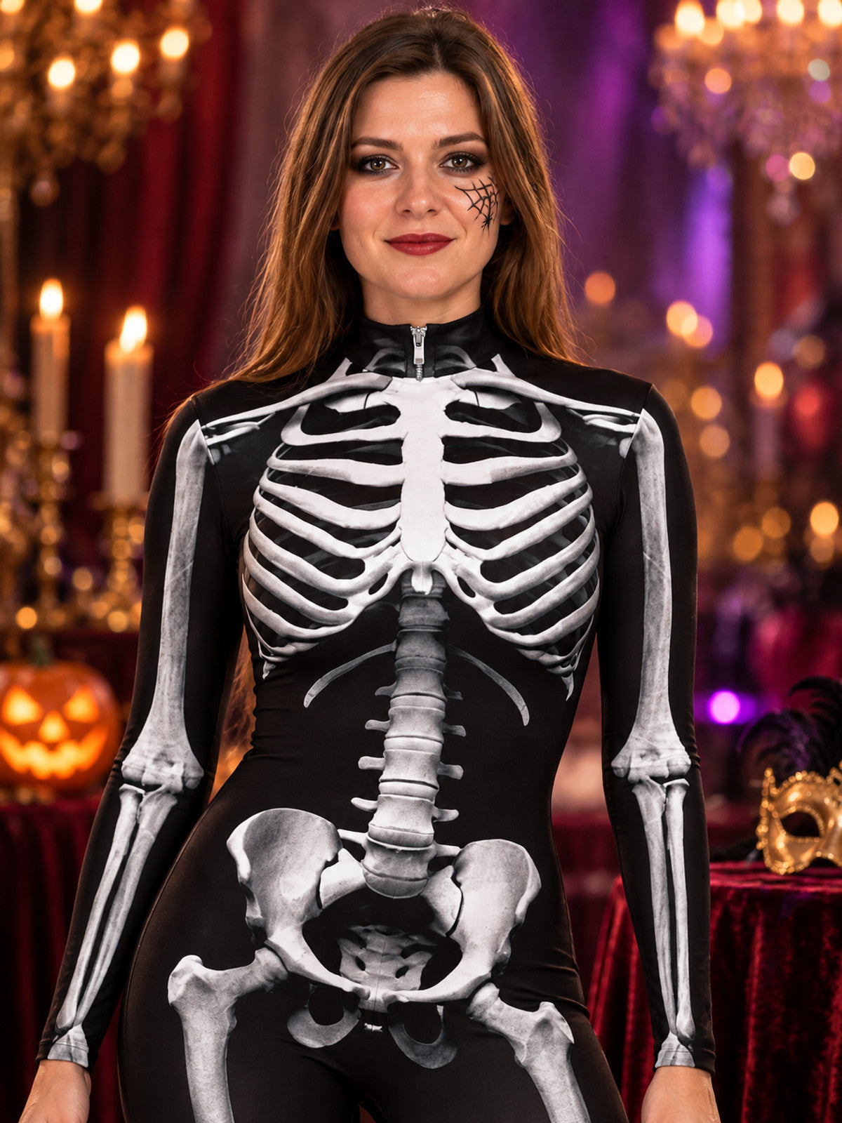 Black form-fitting jumpsuit with skeleton print and zipper