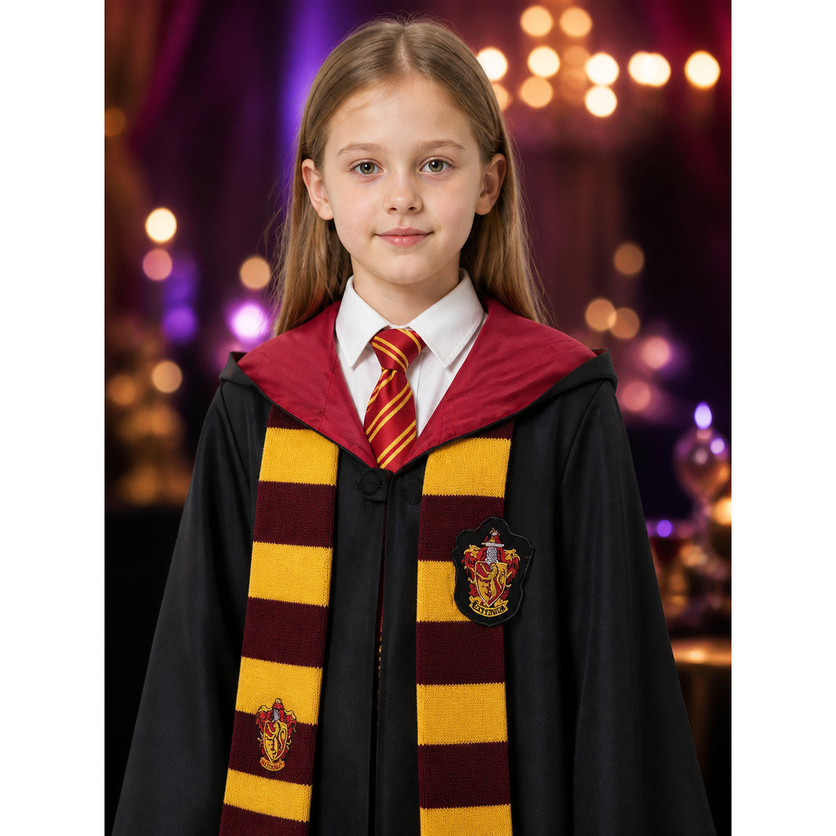 Gryffindor Wizard Costume Set with Hooded Robe, Tie and Scarf on-model view