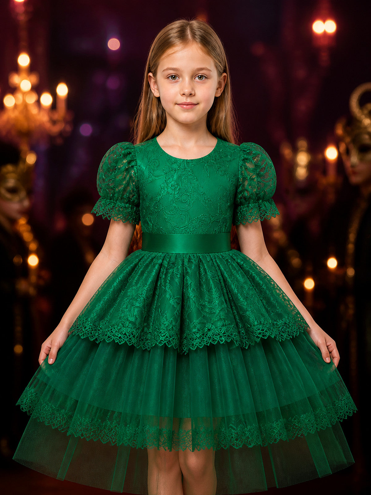 Girls' Dark Green Princess Party Dress with Lace Trim and Puff Sleeves on-model view