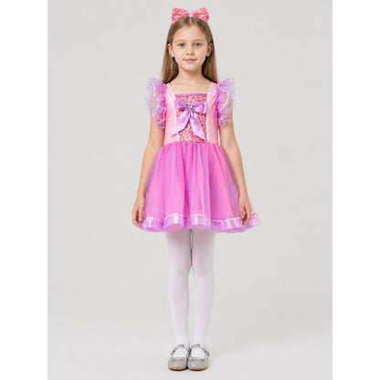 Girls' Fluffy Tutu Dress with a Bow and Sequins for Stage Performances on-model view