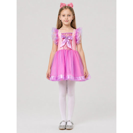 Girls' Fluffy Tutu Dress with a Bow and Sequins for Stage Performances on-model view