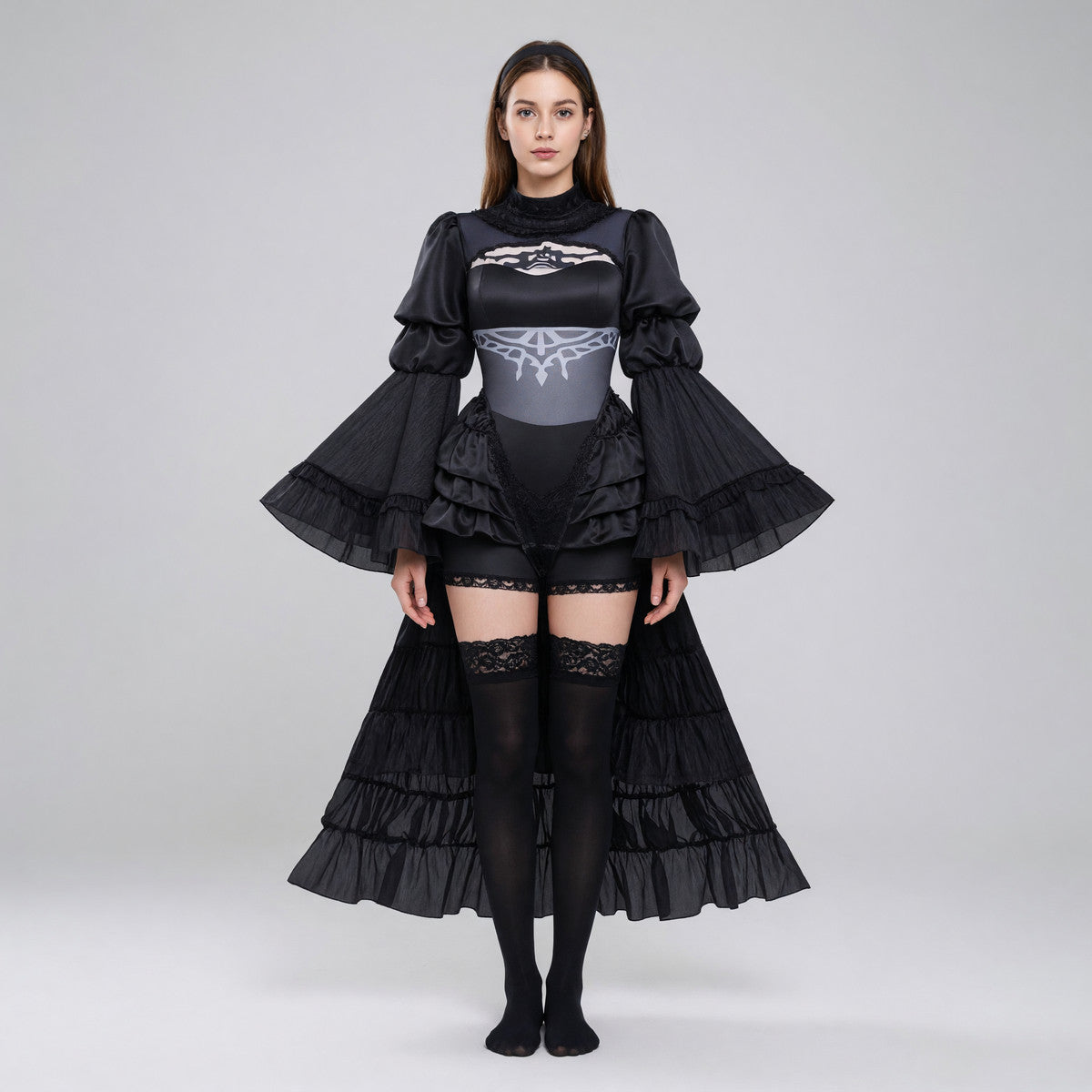 Black Cosplay Dress with Collar and Ruffles on-model view