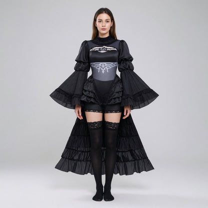 Black Cosplay Dress with Collar and Ruffles on-model view