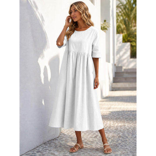 White Long Loose-Fit Dress with a Round Neckline