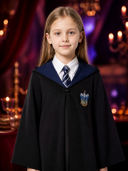 Ravenclaw Hooded Wizard Robe Costume with Stripe Tie, College Halloween Outfit on-model view