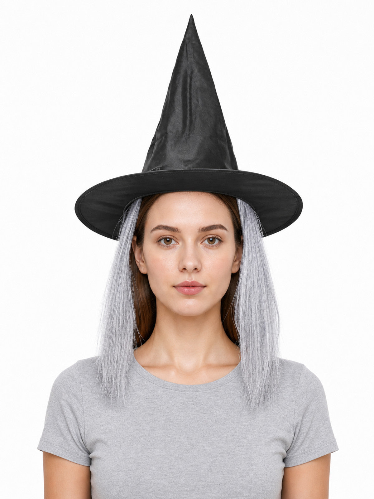 Black pointed witch hat with long gray hair, shown on a front-facing model wearing a gray shirt