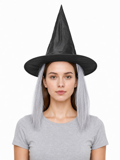 Black pointed witch hat with long gray hair, shown on a front-facing model wearing a gray shirt