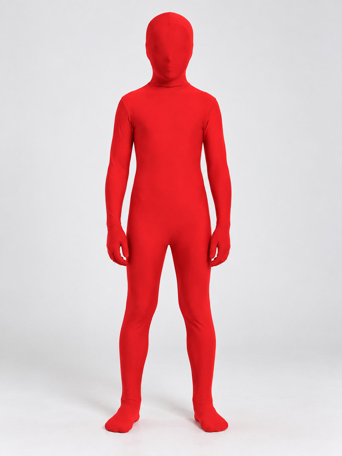 Red form-fitting jumpsuit with a mask hood