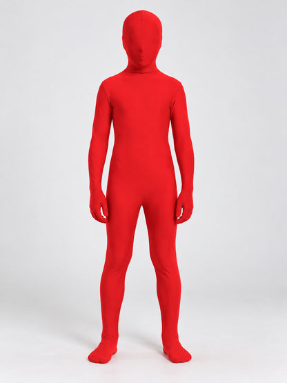 Red form-fitting jumpsuit with a mask hood
