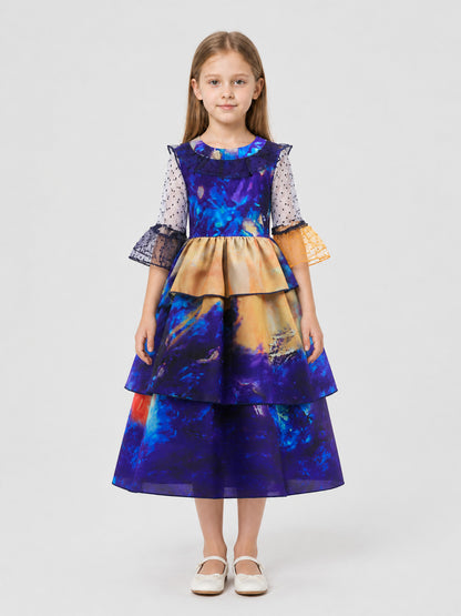 Cosplay Dress with Puff Sleeves and Tiered Skirt on-model view