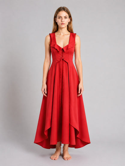 Long Red Medieval-Style Dress on-model view