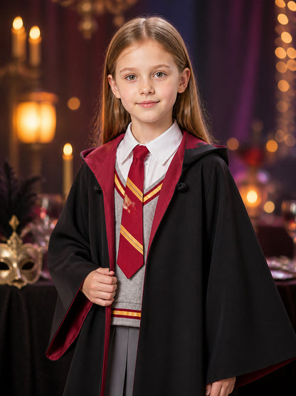 Girls Magic Academy Wizard Robe Costume, Black Hooded Cloak with Red Gold Tie on-model view