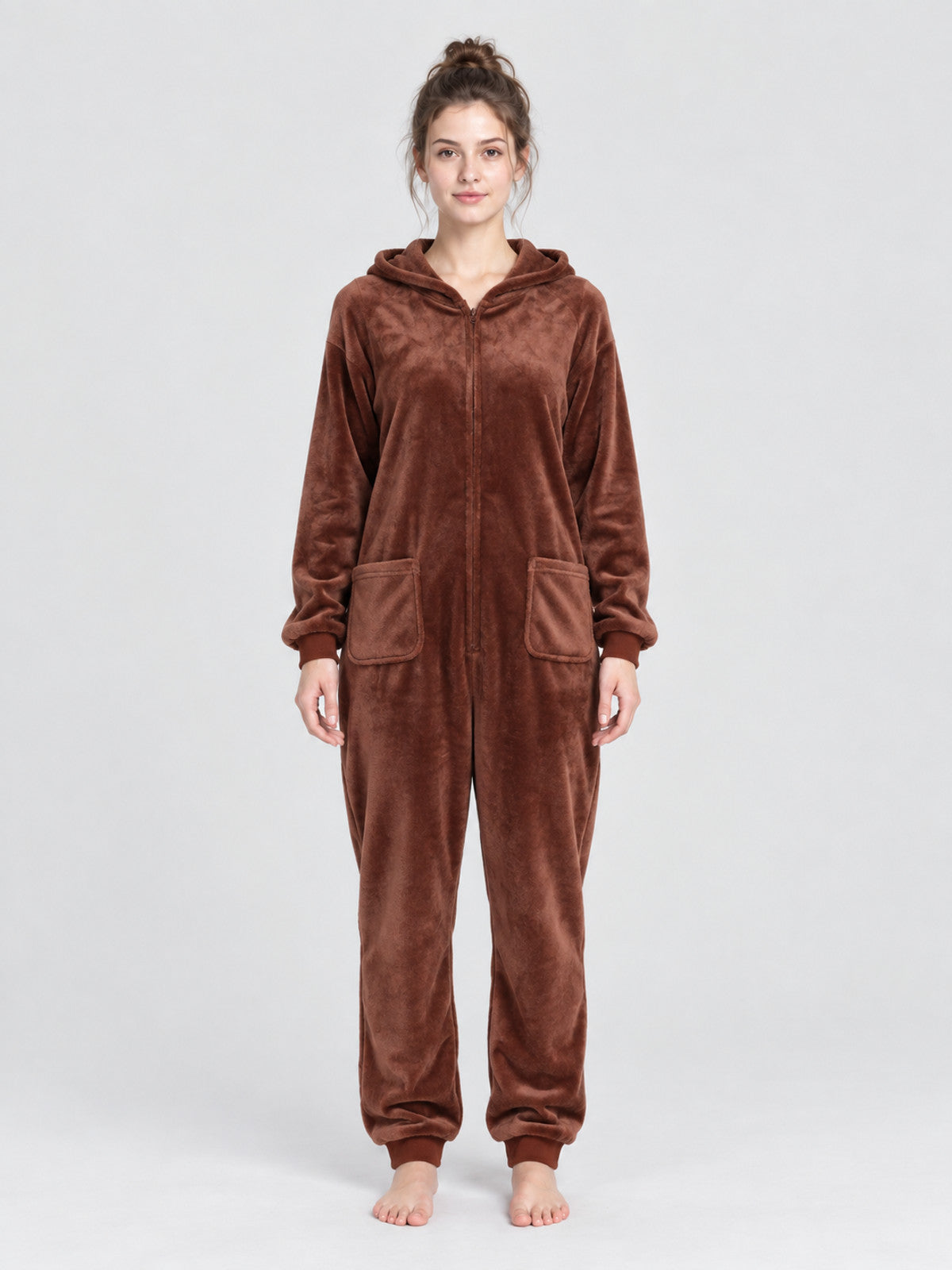 Brown Hooded Flannel Pajama Jumpsuit