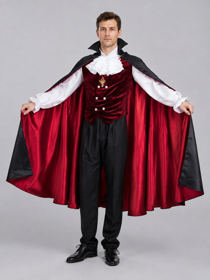 Vampire Costume with Burgundy Vest, Jabot, and Cape on-model view