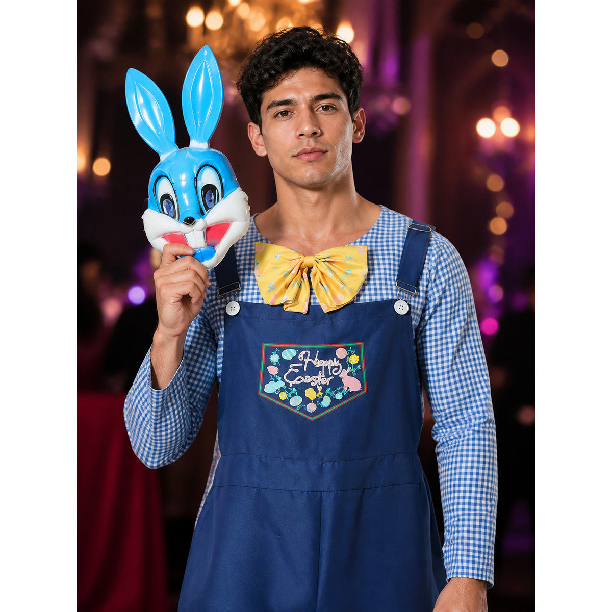 The Easter party rabbit costume is designed as a one-piece outfit with a bib and on-model view