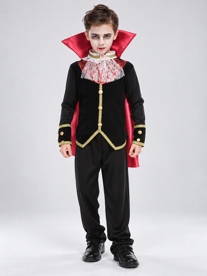 Children's vampire costume with cape and fangs on-model view