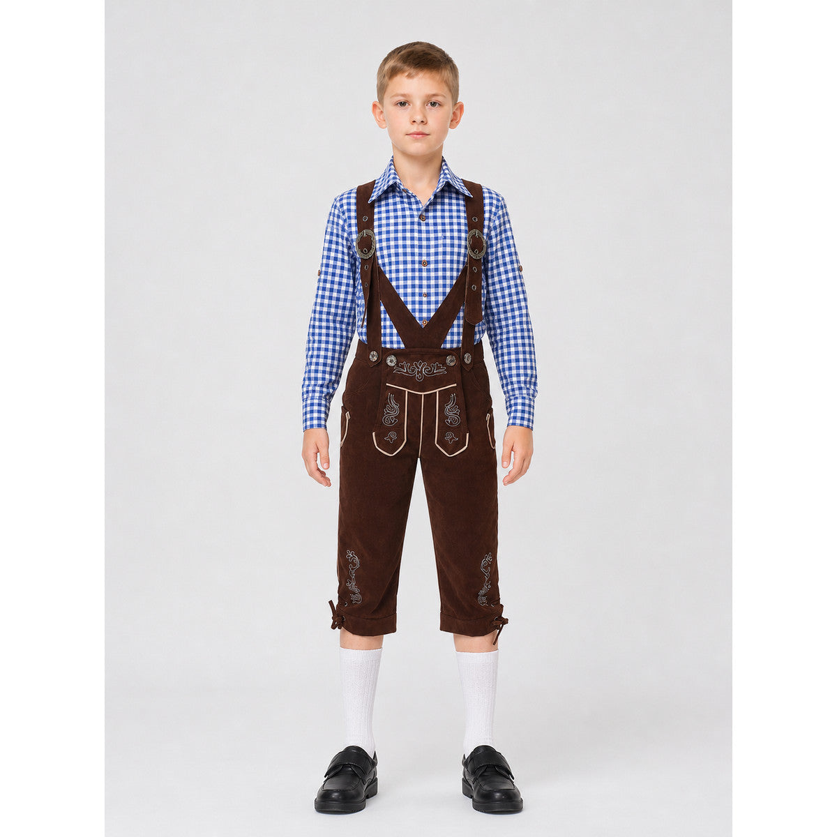 Traditional-style carnival costume with suspenders front view