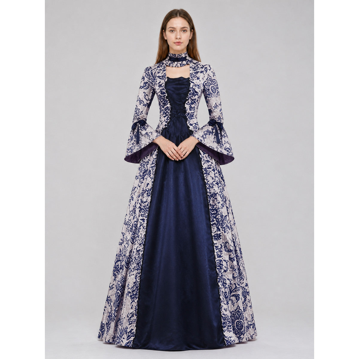 Vintage Printed Dress, Long Sleeves, Flared Silhouette on-model view