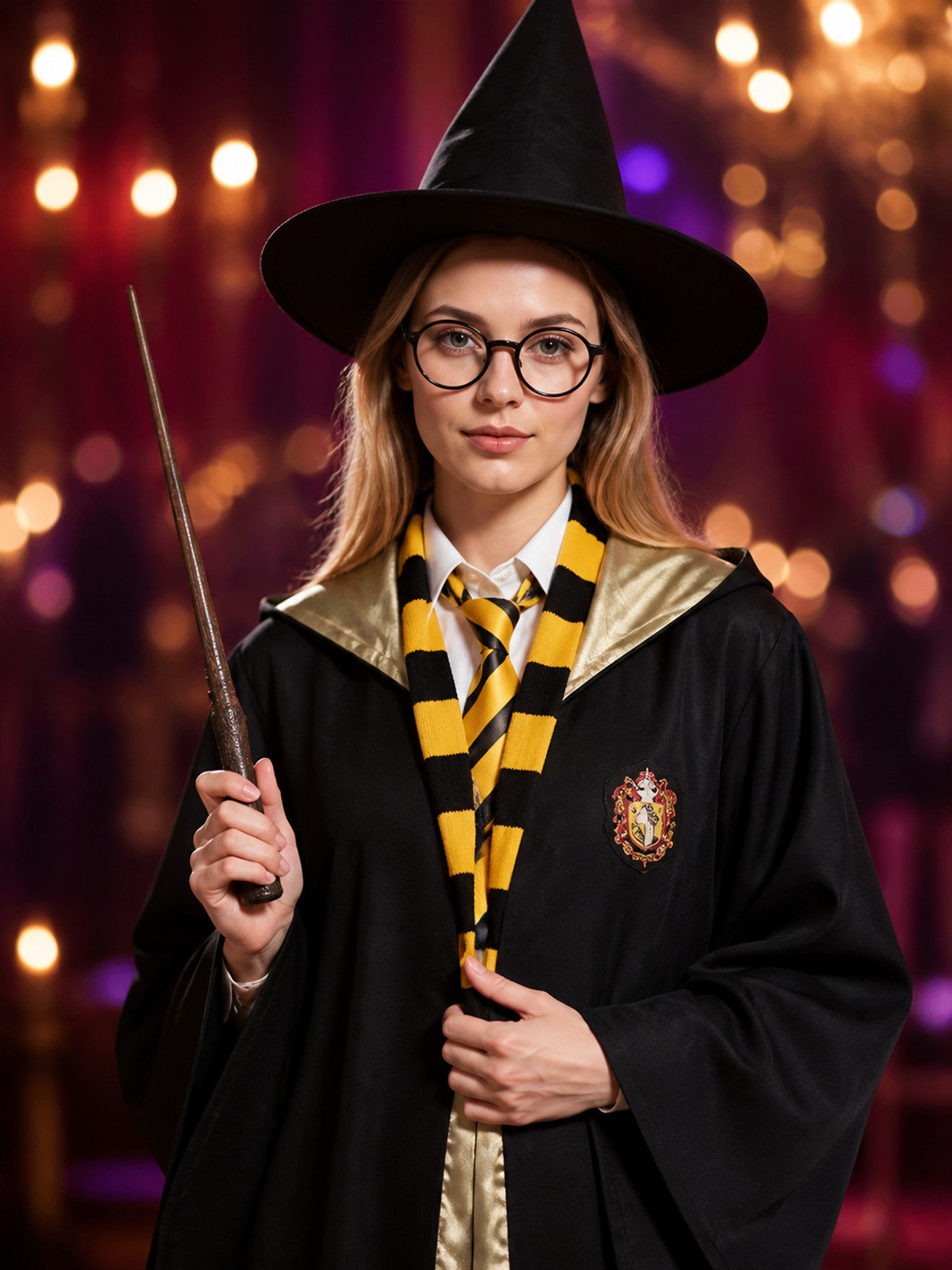 Black Wizard Robe Costume Set With Pointed Hat, Wand, Glasses, Tie And Scarf on-model view