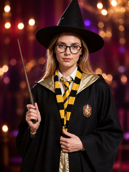 Black Wizard Robe Costume Set With Pointed Hat, Wand, Glasses, Tie And Scarf on-model view