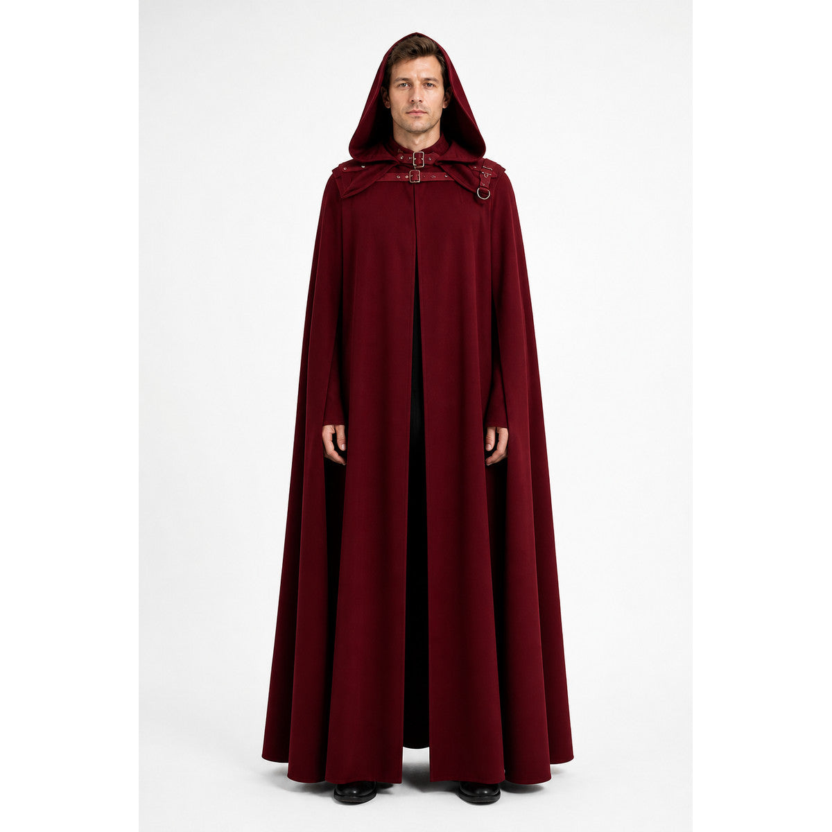 Long Dark Red Hooded Cloak with Rings main product view