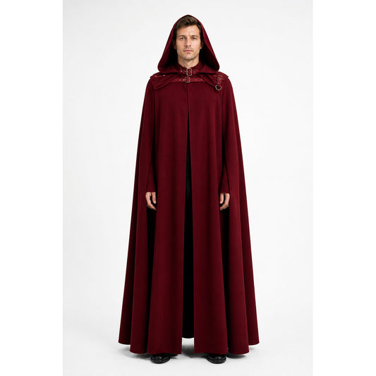 Long Dark Red Hooded Cloak with Rings main product view