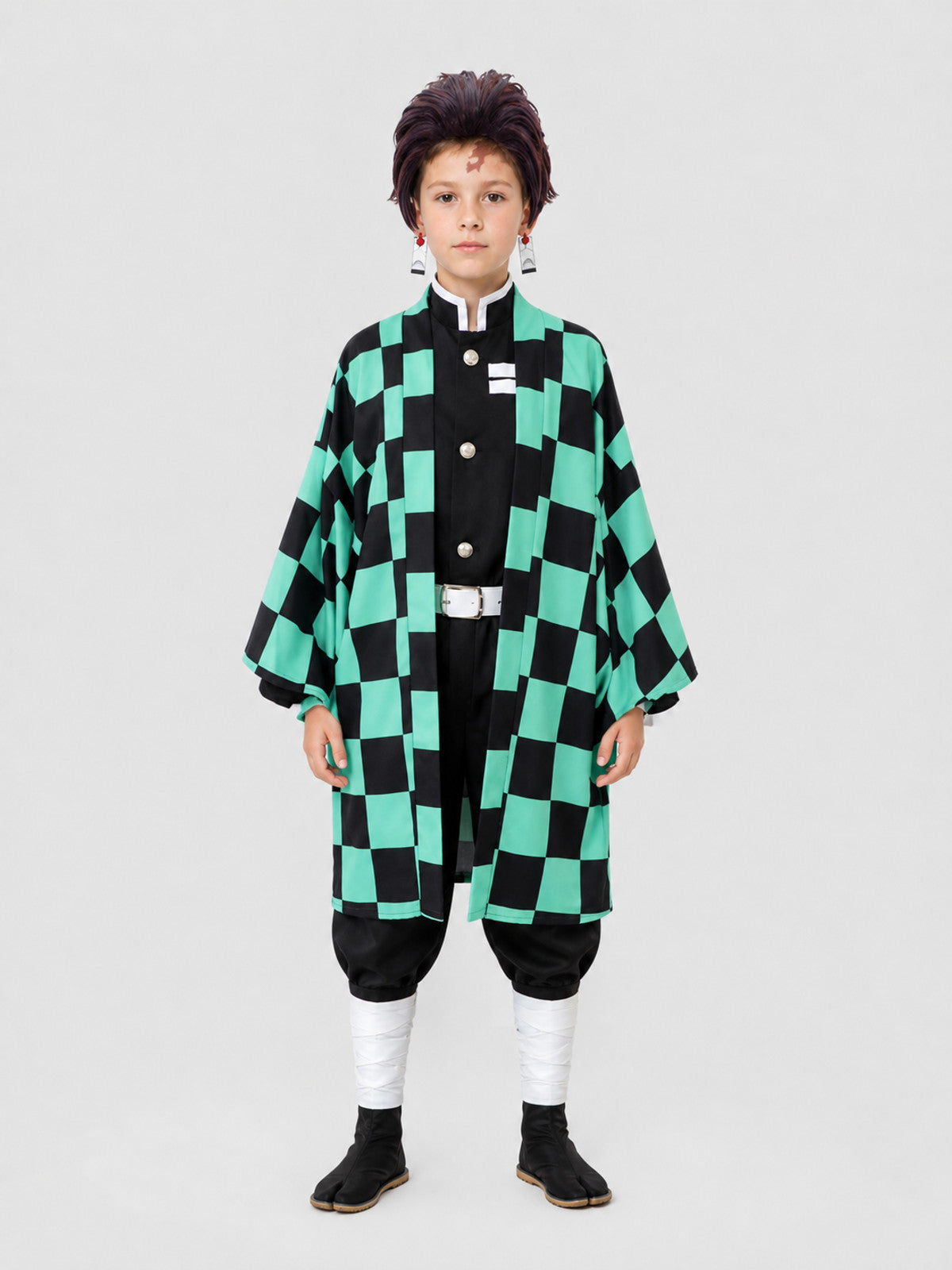 Tanjiro Cosplay Costume: Checkered Cape, Pants, and Wig on-model view