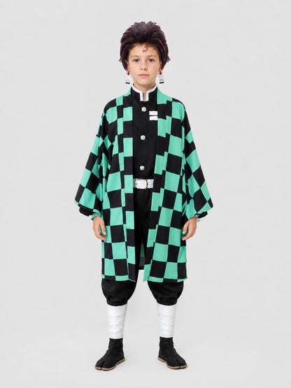 Tanjiro Cosplay Costume: Checkered Cape, Pants, and Wig on-model view