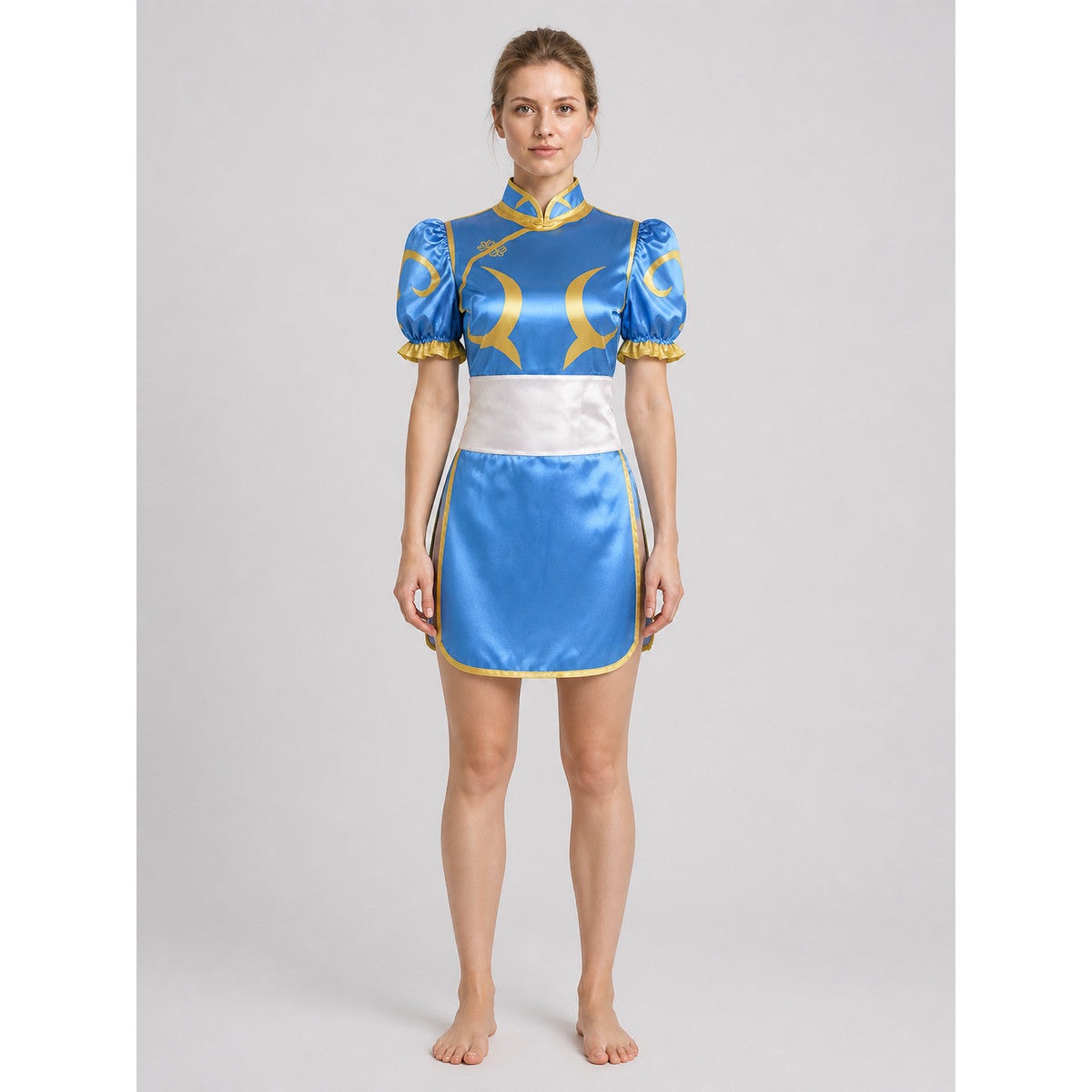 Chun-Li Cosplay Qipao Dress with Gold Trim on-model view